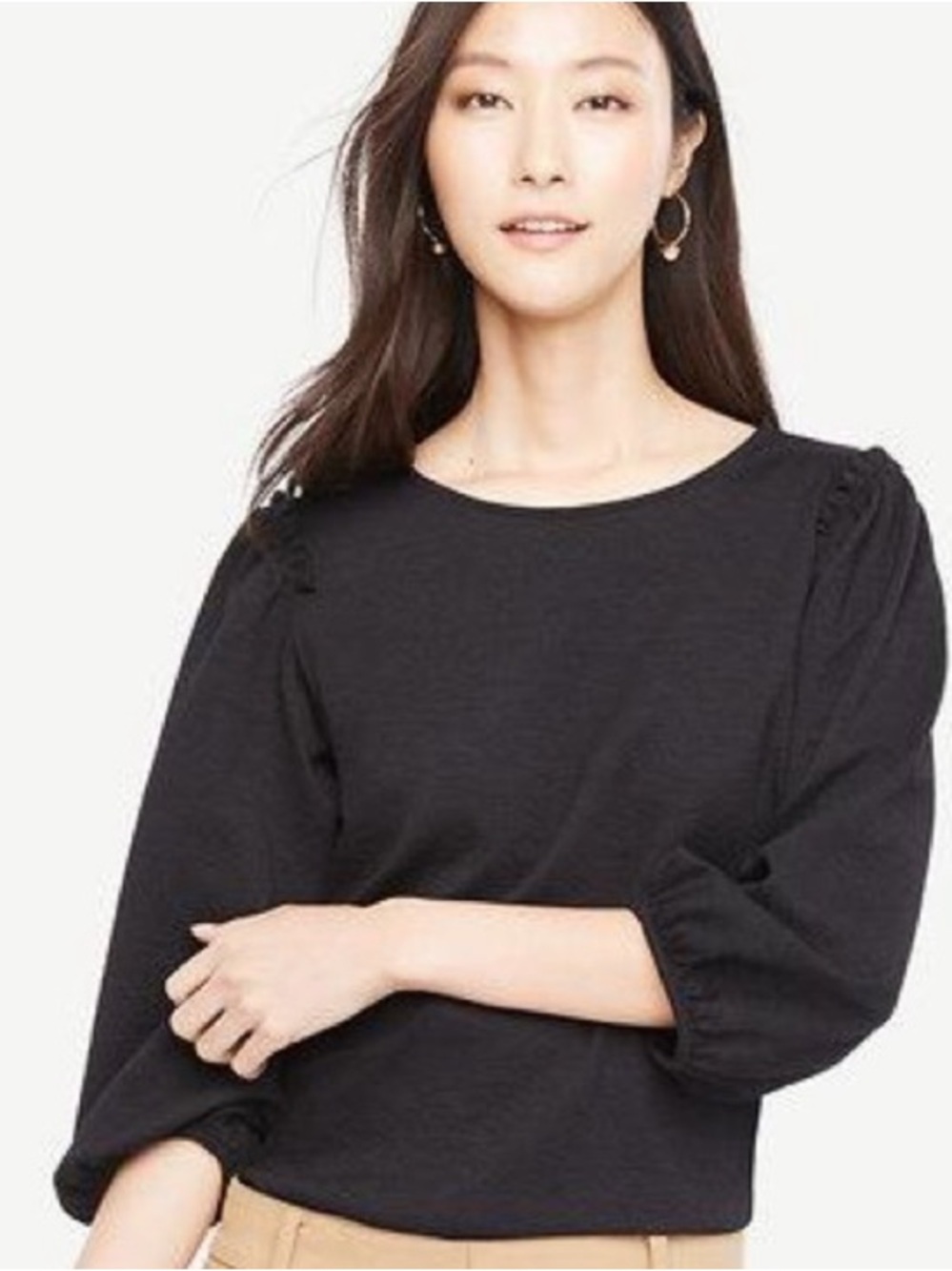 Ann Taylor Black Textured Puffy 3/4 Sleeve Blouse